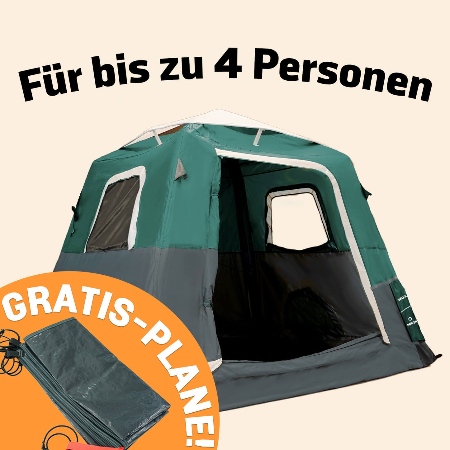 Kleines 2-Schritt-Kabinenzelt + KOSTENLOSE Camping-Plane (für bis zu 4 Personen, DE)