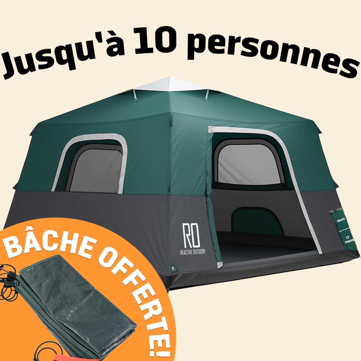 2-Step Cabin Tent – Très grande taille + Bâche de camping OFFERTE (jusqu’à 10 personnes, FR).